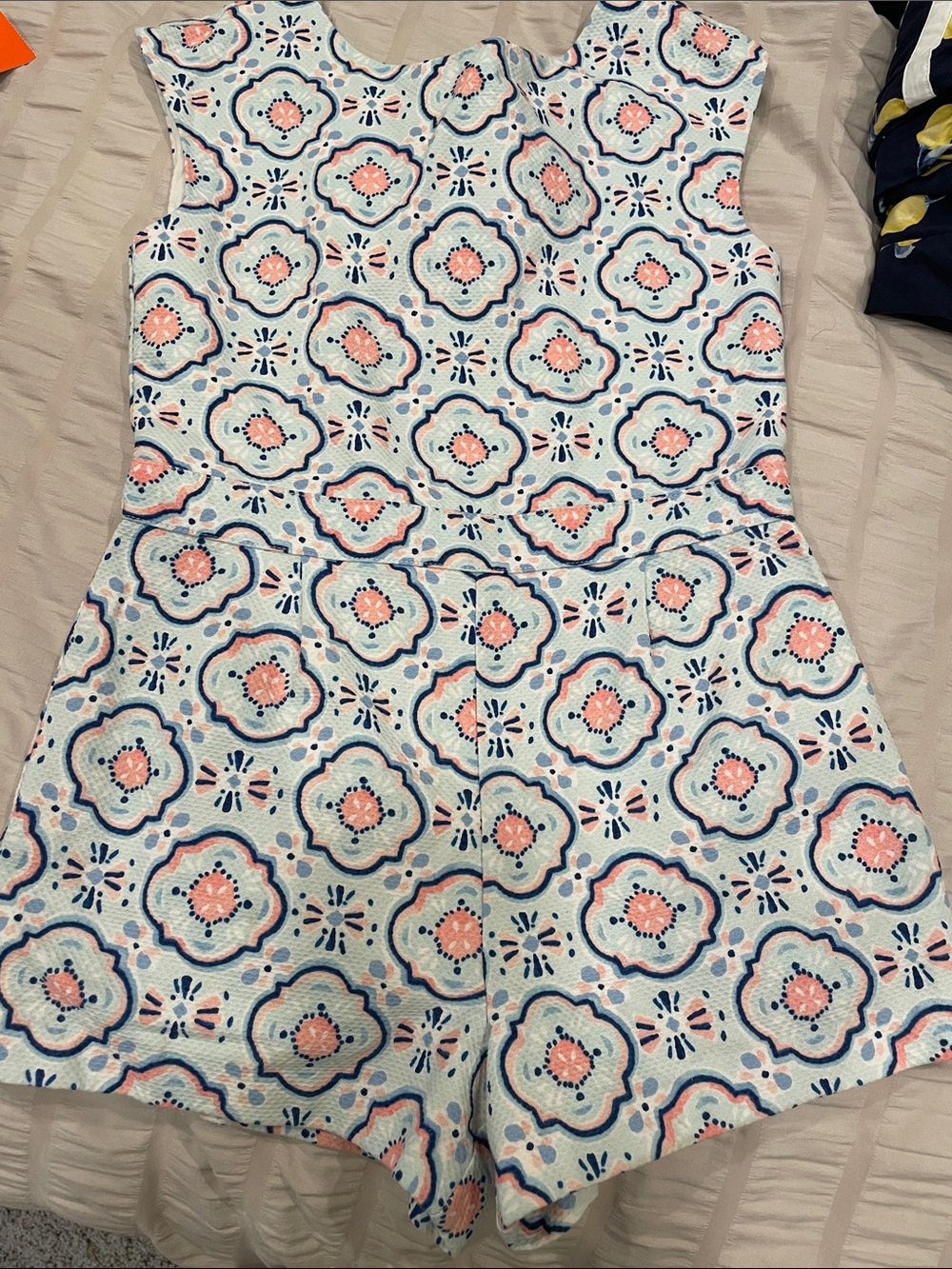 Janie and Jack Light Blue Floral Patterned Romper with Pink and Blue Accents